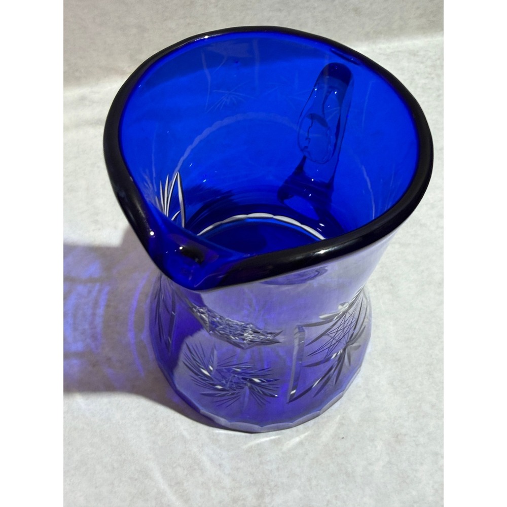Vintage Bohemian Czech Cobalt Blue Cut to Clear Glass Pitcher and 4 Tumbler Set - Picture 9 of 16